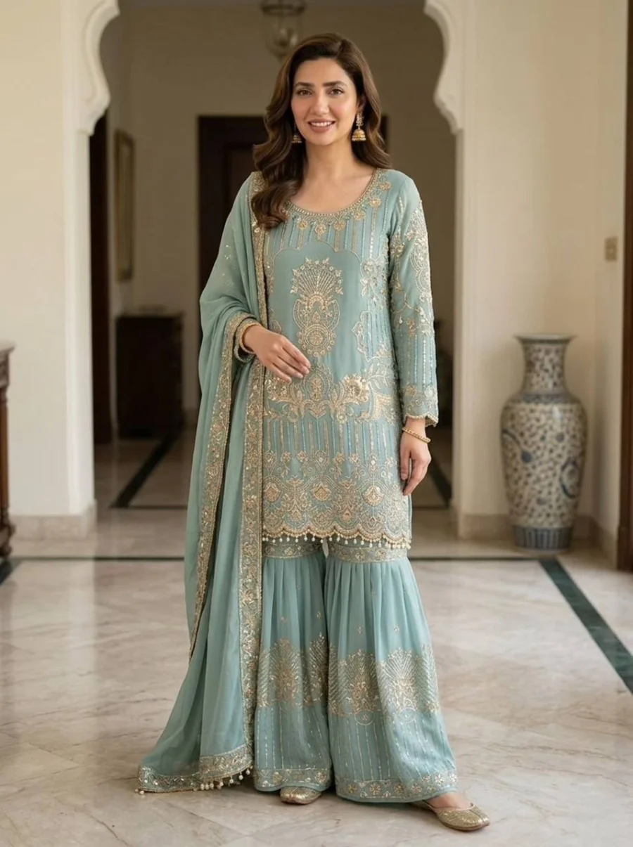 DESIGNER GEORGETTE SEQUENCE EMBROIDERY WORK TOP SHARARA WITH DUPATTA FESTIVE WEAR WHOLESALE PRICE ETHNIC GARMENT (2)