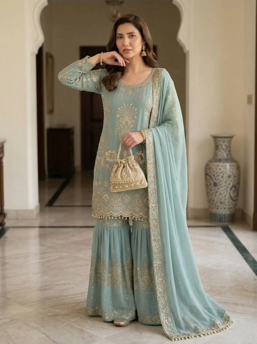 DESIGNER GEORGETTE SEQUENCE EMBROIDERY WORK TOP SHARARA WITH DUPATTA FESTIVE WEAR WHOLESALE PRICE ETHNIC GARMENT (3)