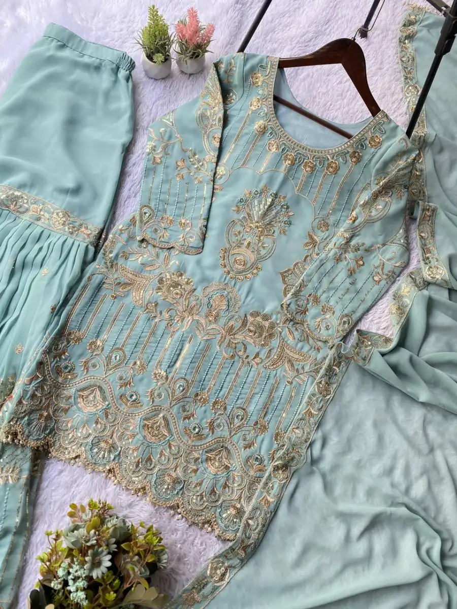 DESIGNER GEORGETTE SEQUENCE EMBROIDERY WORK TOP SHARARA WITH DUPATTA FESTIVE WEAR WHOLESALE PRICE ETHNIC GARMENT (7)