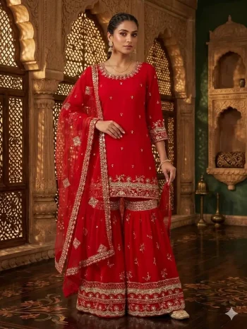 DESIGNER GEORGETTE SEQUENCE EMBROIDERY WORK  TOP SHARARA WITH DUPATTA RED