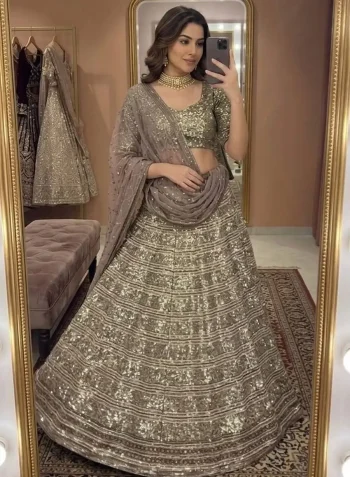 DESIGNER GEORGETTE SEQUENCE , ZARI & DORI WORK LEHENGA CHOLI WITH DUPATTA CREAM