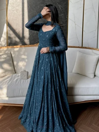 DESIGNER GEORGETTE SILK THREAD EMBROIDERY WORK WITH GPO LACE BORDER WORK GOWN WITH DUPATTA TEAL
