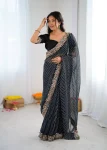 DESIGNER GEORGETTE THREAD & SEQUENCE EMBROIDERY WITH BADHANI PRINT WORK SAREE WITH UNSTITCHED BLOUSE BLACK