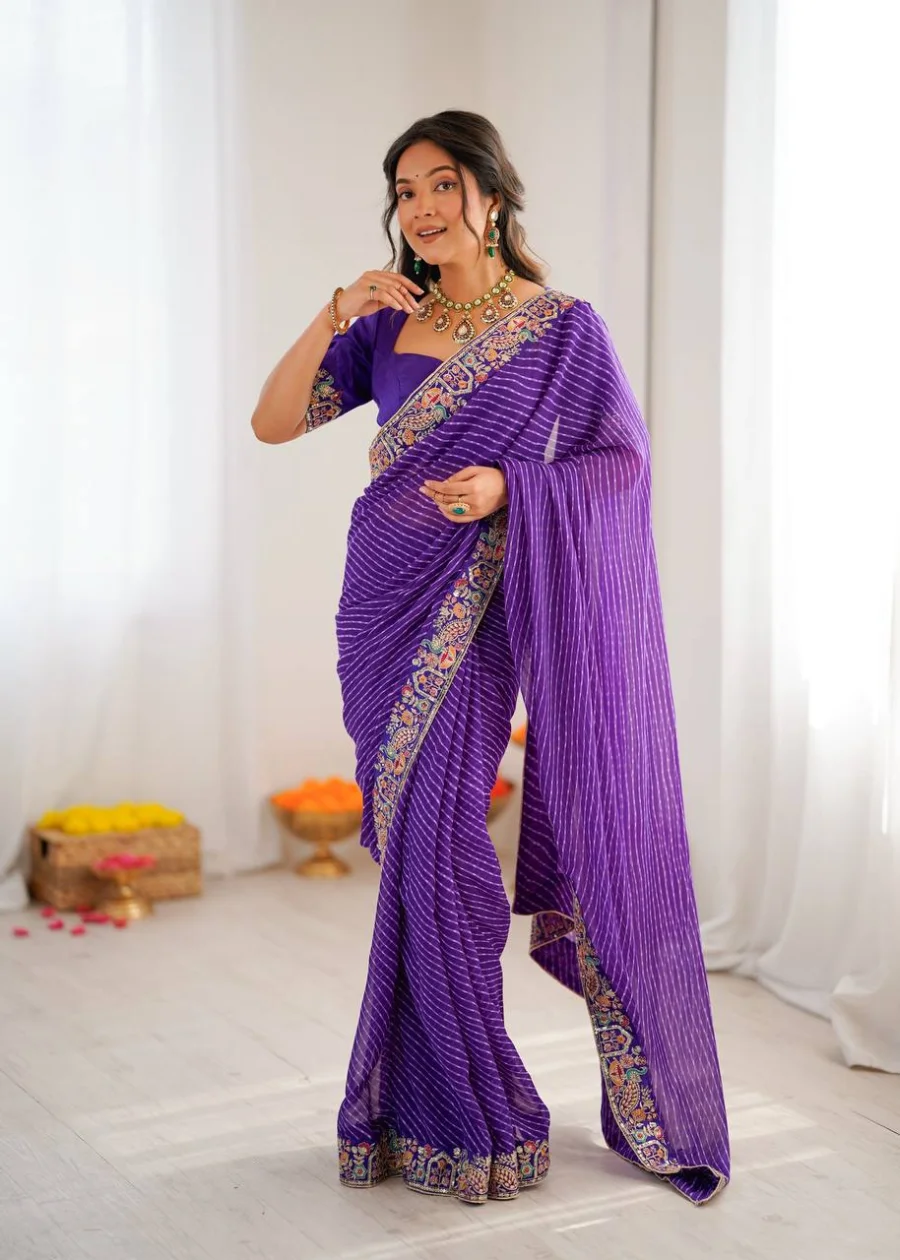 DESIGNER GEORGETTE THREAD & SEQUENCE EMBROIDERY WITH BADHANI PRINT WORK SAREE WITH UNSTITCHED BLOUSE WEDDING WEAR WHOLESALE PRICE ETHNIC GARMENT (2)