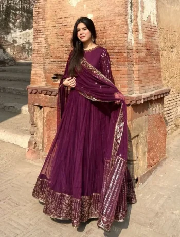 DESIGNER GEORGETTE THREAD & SEQUENCE WORK WITH FANCY LACE WORK GOWN BOTTOM WITH DUPATTA WINE