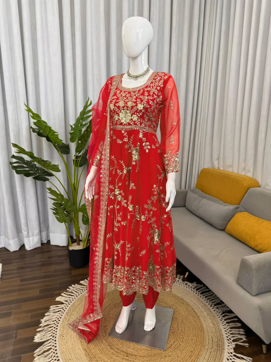 DESIGNER GEORGETTE THREAD WITH SEQUENCE WORK GOWN BOTTOM WITH DUPATTA WEDDING WEAR WHOLESALE PRICE ETHNIC GARMENT (3)