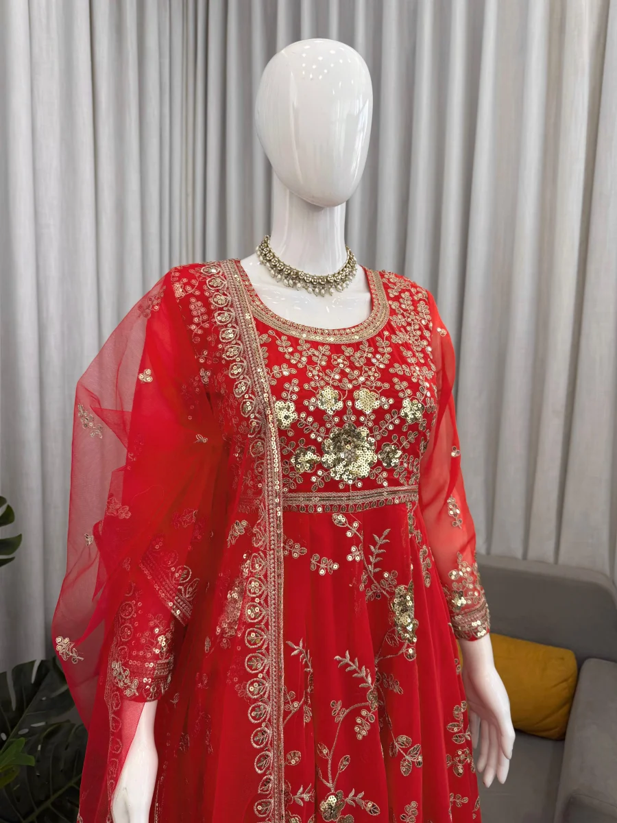 DESIGNER GEORGETTE THREAD WITH SEQUENCE WORK GOWN BOTTOM WITH DUPATTA WEDDING WEAR WHOLESALE PRICE ETHNIC GARMENT (4)