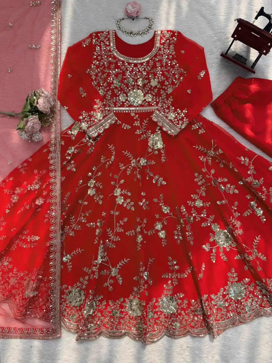 DESIGNER GEORGETTE THREAD WITH SEQUENCE WORK GOWN BOTTOM WITH DUPATTA WEDDING WEAR WHOLESALE PRICE ETHNIC GARMENT (6)