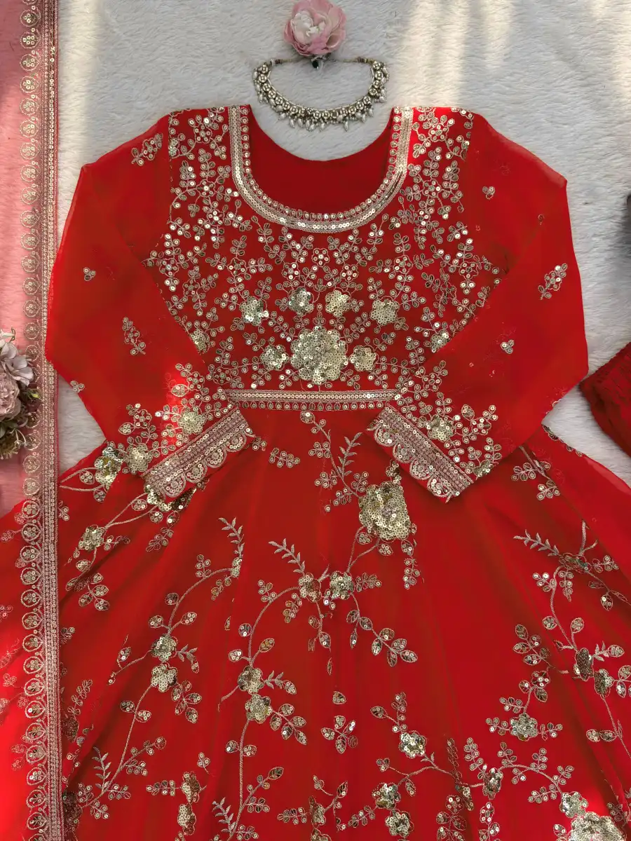 DESIGNER GEORGETTE THREAD WITH SEQUENCE WORK GOWN BOTTOM WITH DUPATTA WEDDING WEAR WHOLESALE PRICE ETHNIC GARMENT (7)