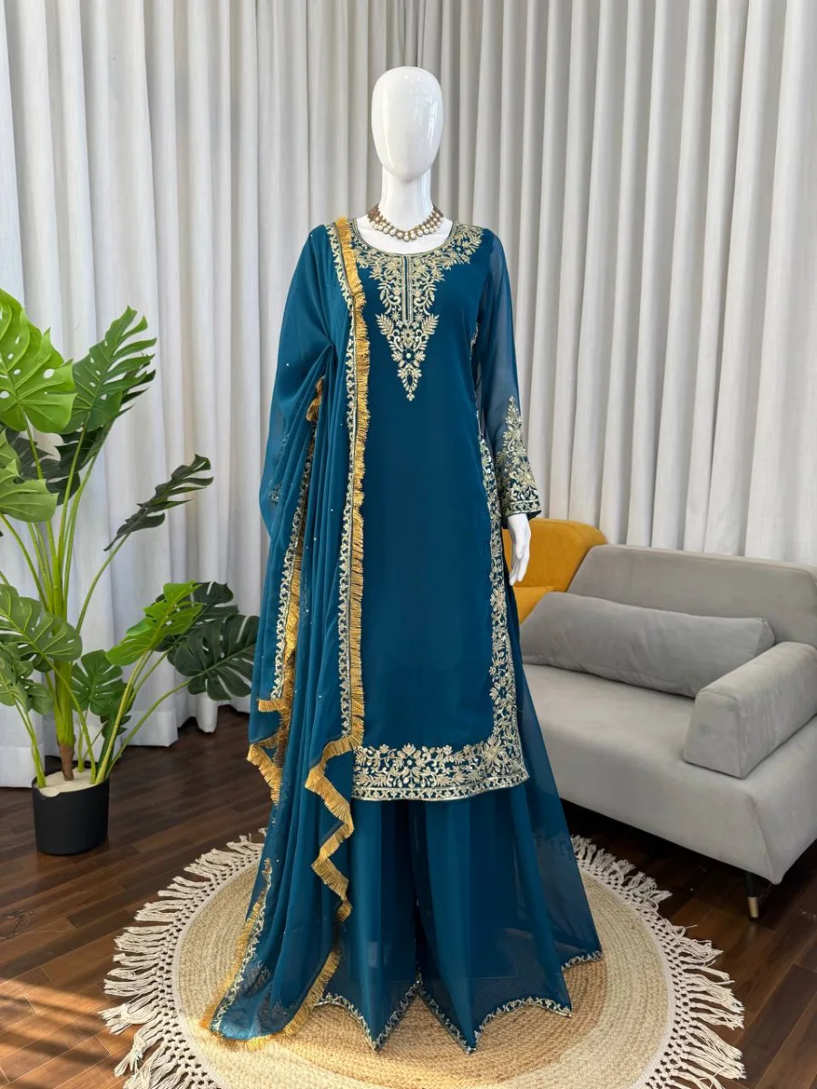 DESIGNER GEORGETTE THREAD WITH SEQUENCE WORK TOP PALAZZO WITH DUPATTA FESTIVE WEAR WHOLESALE PRICE ETHNIC GARMENT (1)