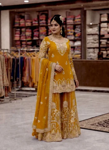 DESIGNER GEORGETTE ZARI & 5MM SEQUENCE EMBROIDERY WORK TOP PALAZZO WITH DUPATTA YELLOW