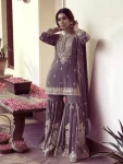 DESIGNER GERMAN CHINON EMBROIDERY CODING WITH SEQUENCE AND RADY MADE LACE BORDER WORK TOP SHARARA WITH DUPATTA  PURPLE