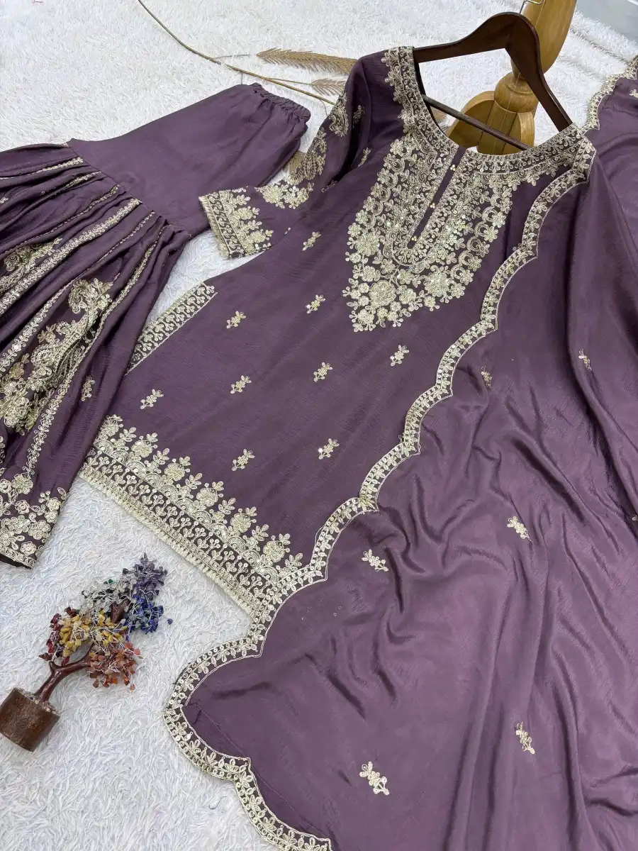 DESIGNER GERMAN CHINON EMBROIDERY CODING WITH SEQUENCE AND RADY MADE LACE BORDER WORK TOP SHARARA WITH DUPATTA WEDDING WEAR WHOLESALE PRICE ETHNIC GARMENT (13)