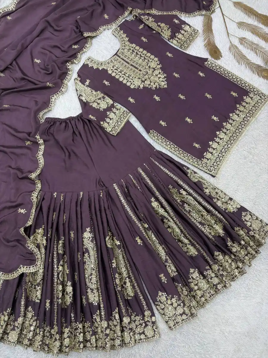 DESIGNER GERMAN CHINON EMBROIDERY CODING WITH SEQUENCE AND RADY MADE LACE BORDER WORK TOP SHARARA WITH DUPATTA WEDDING WEAR WHOLESALE PRICE ETHNIC GARMENT (7)