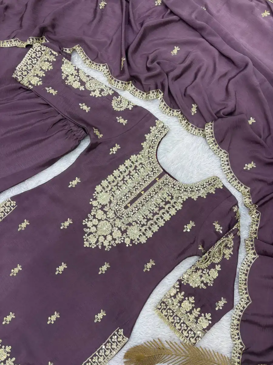 DESIGNER GERMAN CHINON EMBROIDERY CODING WITH SEQUENCE AND RADY MADE LACE BORDER WORK TOP SHARARA WITH DUPATTA WEDDING WEAR WHOLESALE PRICE ETHNIC GARMENT (8)