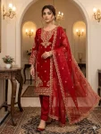 DESIGNER GLASS ROMAN CODING WITH SEQUENCE EMBROIDERY WORK TOP BOTTOM WITH DUPATTA RED