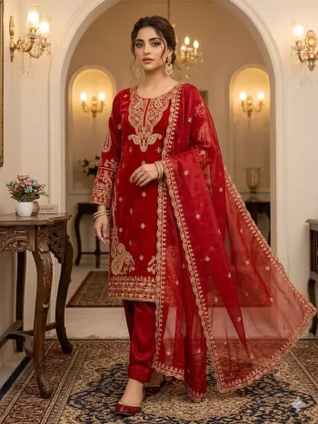 DESIGNER GLASS ROMAN CODING WITH SEQUENCE EMBROIDERY WORK TOP BOTTOM WITH DUPATTA RED
