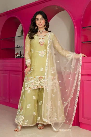 DESIGNER GMY SILK EMBROIDERY 3 MM MULTIPLE THREAD SEQUENCE & MOTI WORK TOP PALAZZO WITH DUPATTA PISTA
