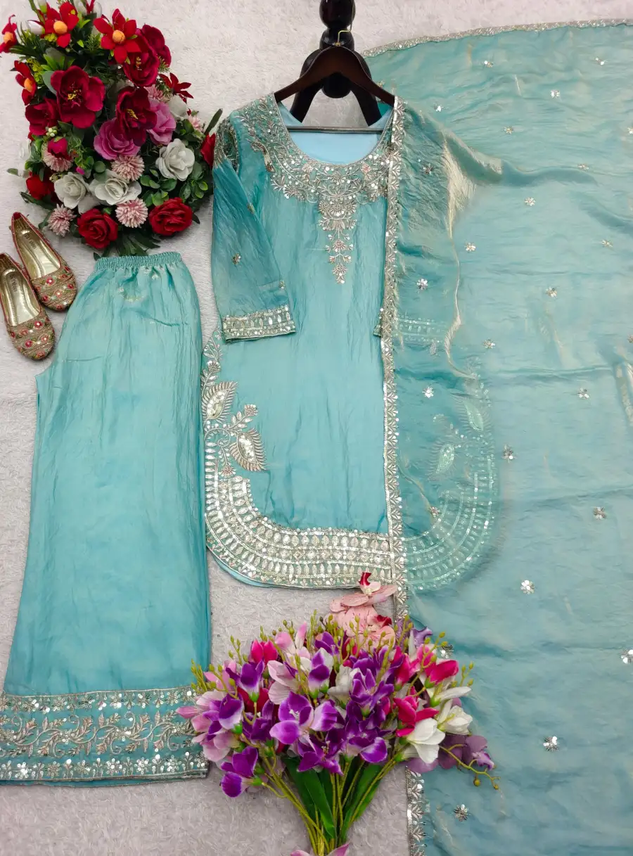 DESIGNER GMY SILK EMBROIDERY 5 MM SEQUENCE WORK TOP PALAZZO WITH DUPATTA FESTIVE WEAR WHOLESALE PRICE ETHNIC GARMENT (1)
