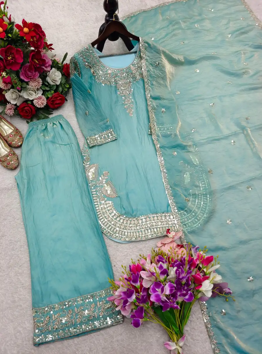 DESIGNER GMY SILK EMBROIDERY 5 MM SEQUENCE WORK TOP PALAZZO WITH DUPATTA FESTIVE WEAR WHOLESALE PRICE ETHNIC GARMENT (10)