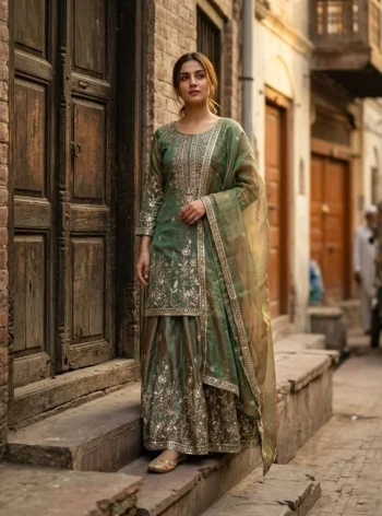 DESIGNER GMY SILK EMBROIDERY 5 MM SEQUENCE WORK TOP PALAZZO WITH DUPATTA GREEN