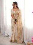 DESIGNER HO SILK HAND WORK WITH EMBROIDERY DUAL SEQUENCE & CODING LACE WORK SAREE WITH UNSTITCHED BLOUSE CREAM