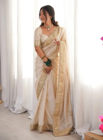 DESIGNER HO SILK HAND WORK WITH EMBROIDERY DUAL SEQUENCE & CODING LACE WORK SAREE WITH UNSTITCHED BLOUSE CREAM