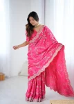 DESIGNER JAPAN SATIN CODING WITH SEQUENCE EMBROIDERY WORK SAREE WITH UNSTITCHED BLOUSE PINK