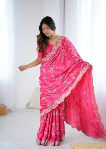 DESIGNER JAPAN SATIN CODING WITH SEQUENCE EMBROIDERY WORK SAREE WITH UNSTITCHED BLOUSE PINK