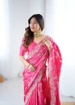 DESIGNER JAPAN SATIN CODING WITH SEQUENCE EMBROIDERY WORK SAREE WITH UNSTITCHED BLOUSE WEDDING WEAR WHOLESALE PRICE ETHNIC GARMENT (7)