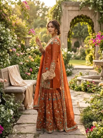 DESIGNER JMC SILK THREAD WITH SEQUENCE WITH RIVET MOTI WORK TOP SHARARA WITH DUPATTA ORANGE