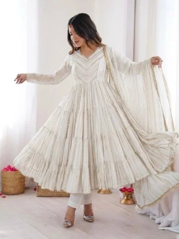 DESIGNER MAL CHANDERI REAL MIRROR WITH HANDWORK GOWN BOTTOM WITH DUPATTA WHITE