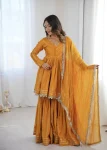 DESIGNER MAL CHANDERI REAL MIRROR WITH HANDWORK TOP SHARARA WITH DUPATTA YELLOW