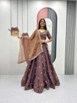 DESIGNER MOSS EMBROIDERY BEADS & SEQUENCE WORK LEHENGA CHOLI WITH DUPATTA CHIKU