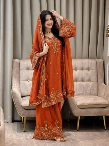 DESIGNER MOSS SILK SEQUENCE & ZARI THREAD EMBROIDERY WORK TOP PALAZZO WITH DUPATTA ORANGE