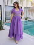 DESIGNER MUL CHANDERI BEADS EMBROIDERY WORK GOWN PURPLE