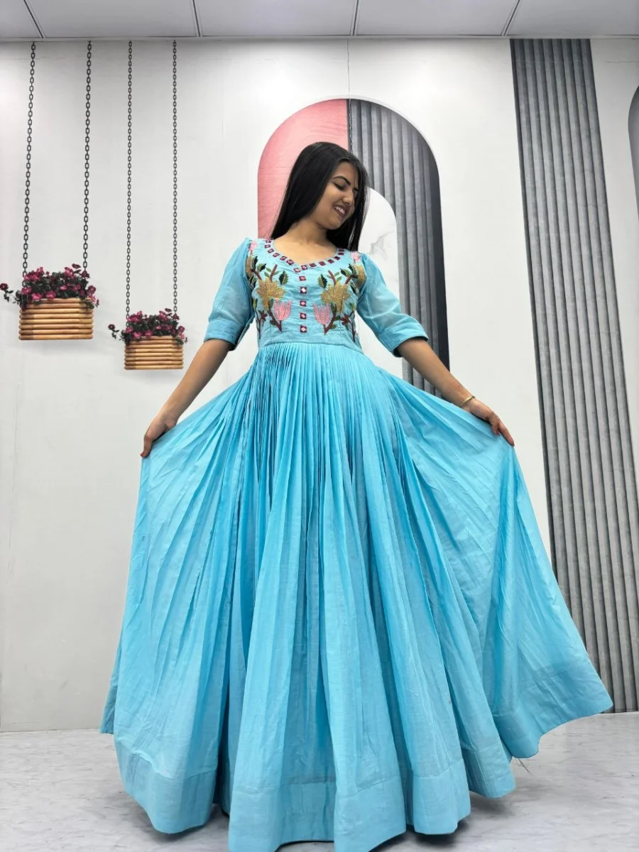 DESIGNER MUL COTTON EMBROIDERY THREAD & HAND MIRROR WORK GOWN FESTIVE WEAR WHOLESALE PRICE ETHNIC GARMENT (2)