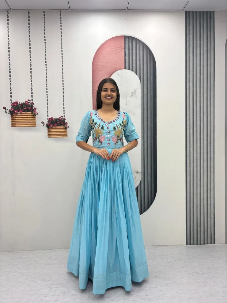 DESIGNER MUL COTTON EMBROIDERY THREAD & HAND MIRROR WORK GOWN FESTIVE WEAR WHOLESALE PRICE ETHNIC GARMENT (6)