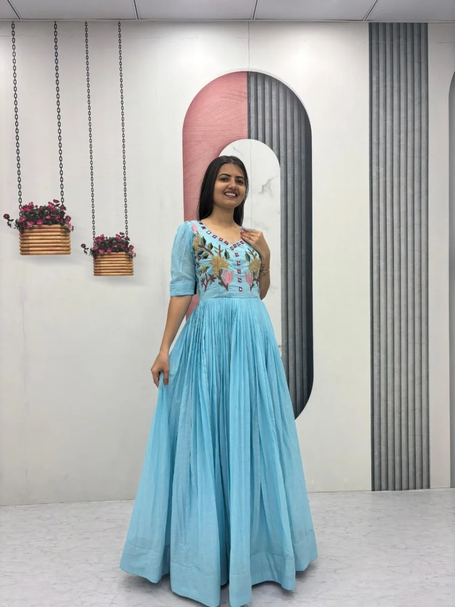 DESIGNER MUL COTTON EMBROIDERY THREAD & HAND MIRROR WORK GOWN FESTIVE WEAR WHOLESALE PRICE ETHNIC GARMENT (7)