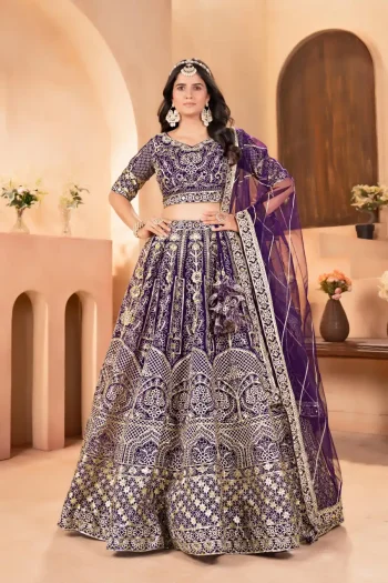 DESIGNER NET SEQUENCE AND ZARI  EMBROIDERY WORK LEHENGA CHOLI WITH DUPATTA PURPLE