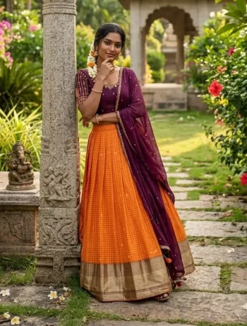 DESIGNER RANGOLI SILK EMBROIDERY WORK LEHENGA CHOLI WITH DUPATTA ORANGE AND WINE
