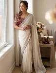 DESIGNER RANGOLI SILK SEQUENCE EMBROIDERY WORK SAREE WITH STITCHED BLOUSE OFF WHITE AND MAROON
