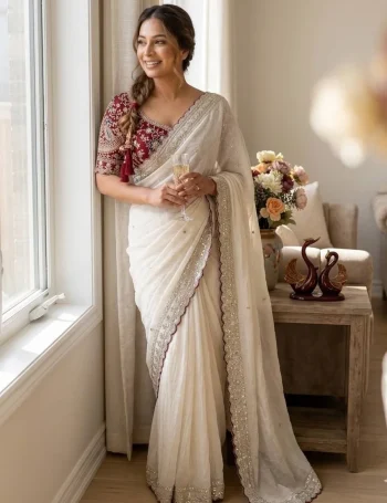 DESIGNER RANGOLI SILK SEQUENCE EMBROIDERY WORK SAREE WITH STITCHED BLOUSE OFF WHITE AND MAROON