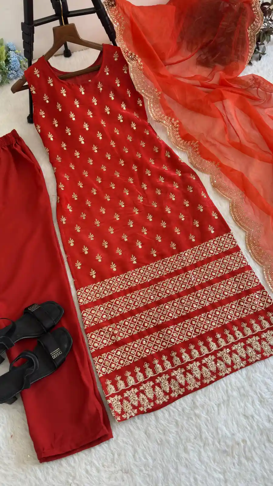 DESIGNER ROAN GLASS SATIN GOLDEN CODING & ZARI SEQUENCE WORK TOP BOTTOM WITH DUPATTA FESTIVE WEAR WHOLESALE PRICE ETHNIC GARMENT (14)
