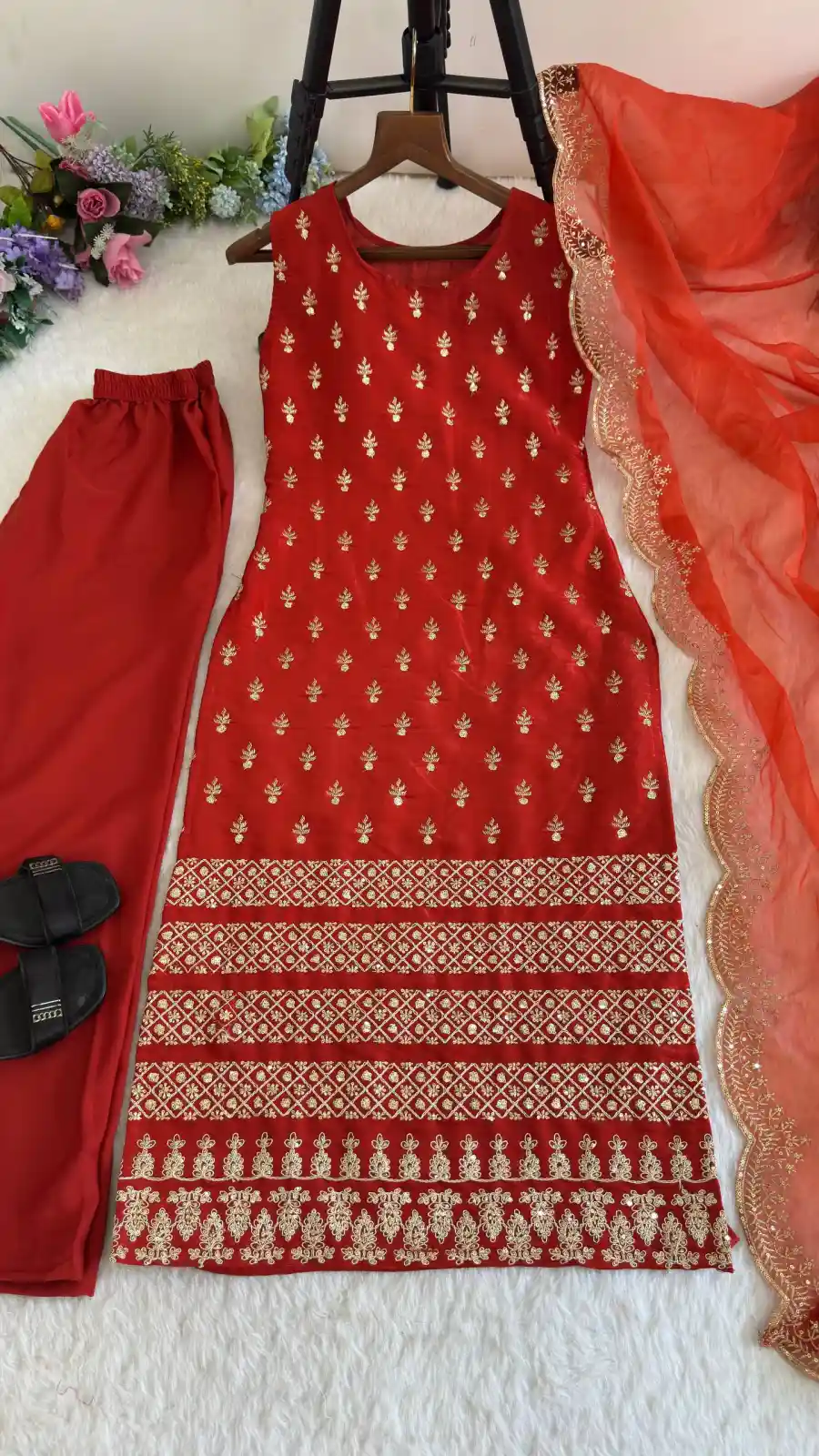 DESIGNER ROAN GLASS SATIN GOLDEN CODING & ZARI SEQUENCE WORK TOP BOTTOM WITH DUPATTA FESTIVE WEAR WHOLESALE PRICE ETHNIC GARMENT (18)
