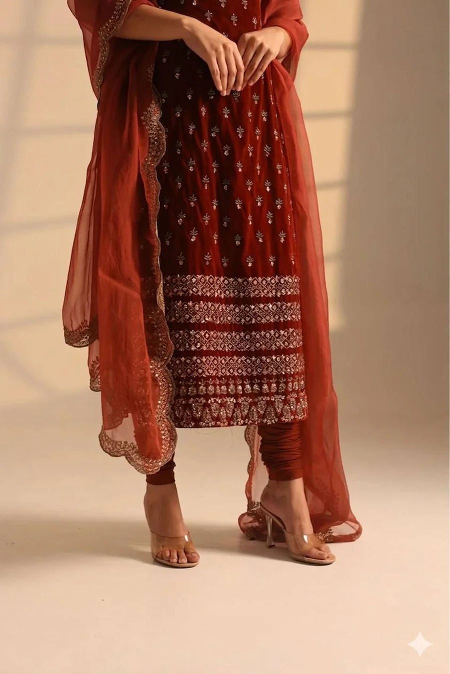 DESIGNER ROAN GLASS SATIN GOLDEN CODING & ZARI SEQUENCE WORK TOP BOTTOM WITH DUPATTA FESTIVE WEAR WHOLESALE PRICE ETHNIC GARMENT (2)