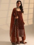 DESIGNER ROAN GLASS SATIN GOLDEN CODING & ZARI SEQUENCE WORK TOP BOTTOM WITH DUPATTA RED