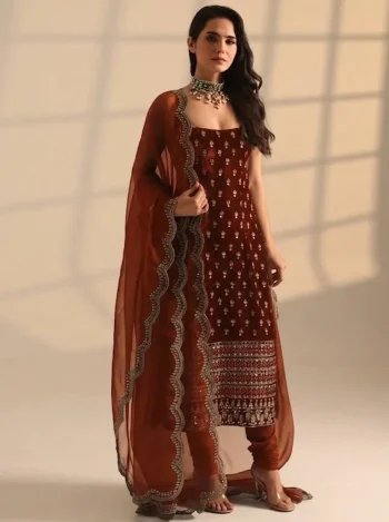 DESIGNER ROAN GLASS SATIN GOLDEN CODING & ZARI SEQUENCE WORK TOP BOTTOM WITH DUPATTA RED