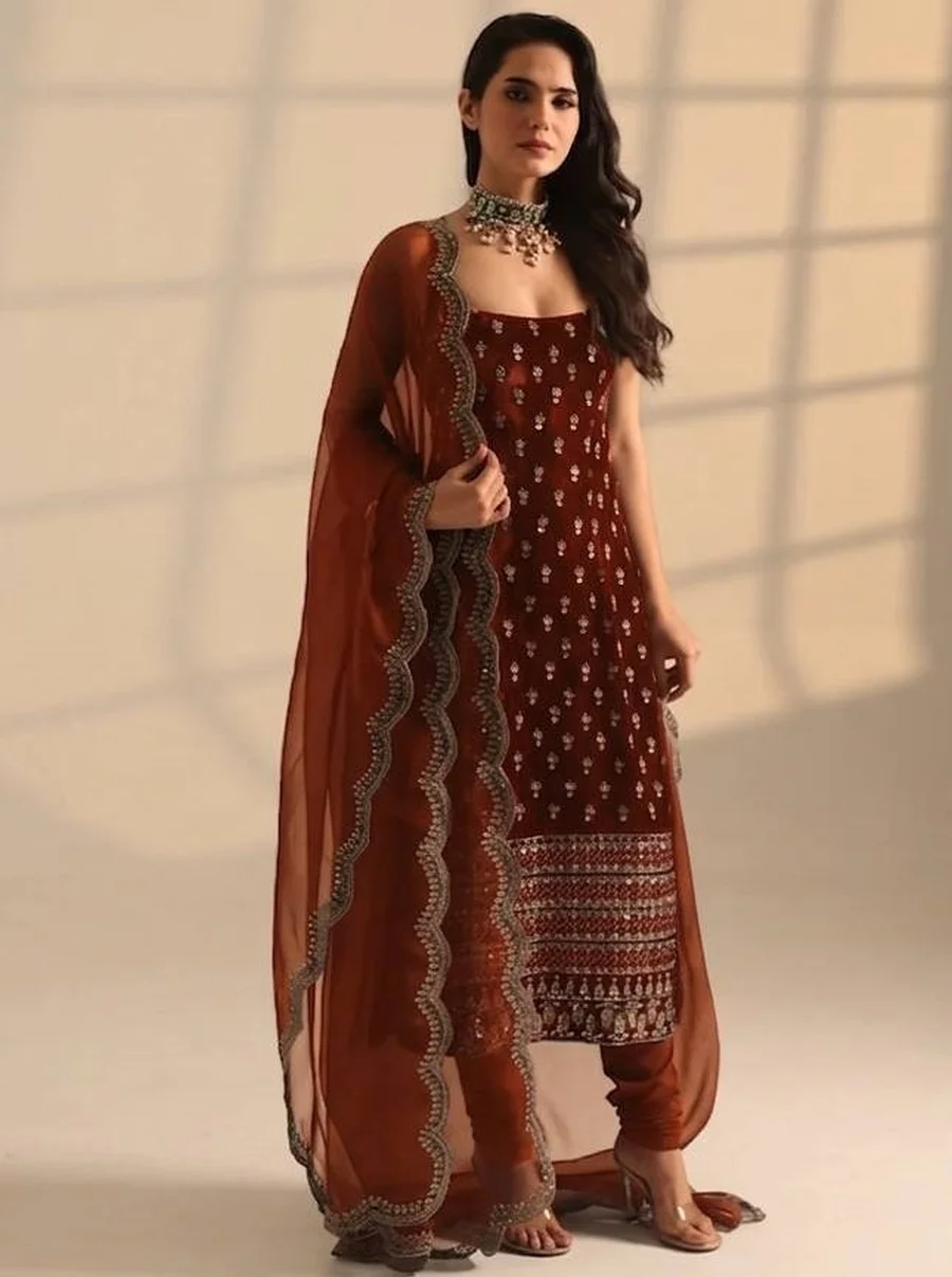 DESIGNER ROAN GLASS SATIN GOLDEN CODING & ZARI SEQUENCE WORK TOP BOTTOM WITH DUPATTA FESTIVE WEAR WHOLESALE PRICE ETHNIC GARMENT (4)