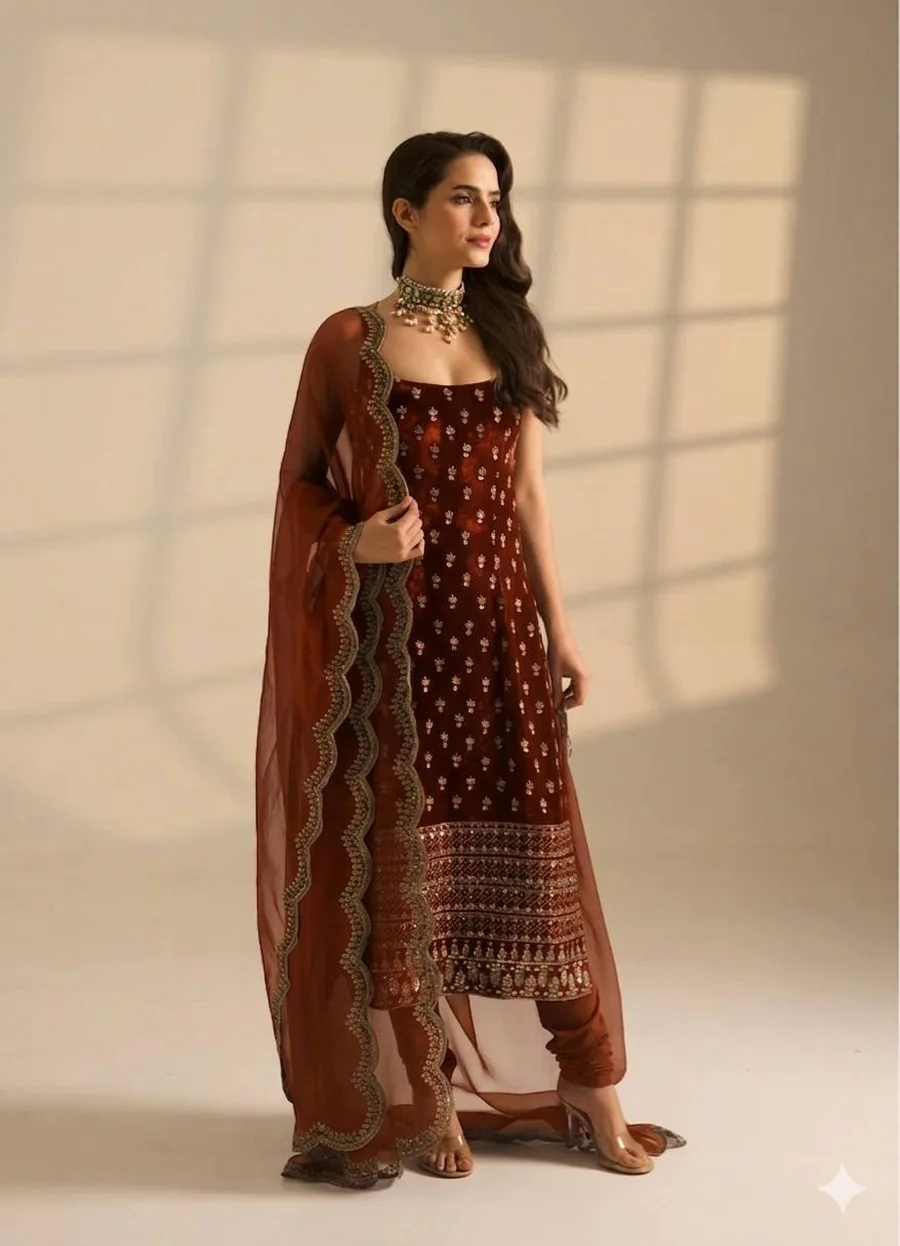 DESIGNER ROAN GLASS SATIN GOLDEN CODING & ZARI SEQUENCE WORK TOP BOTTOM WITH DUPATTA FESTIVE WEAR WHOLESALE PRICE ETHNIC GARMENT (5)